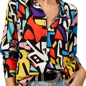Red and Yellow Graphic Long Sleeve Button Down Shirt